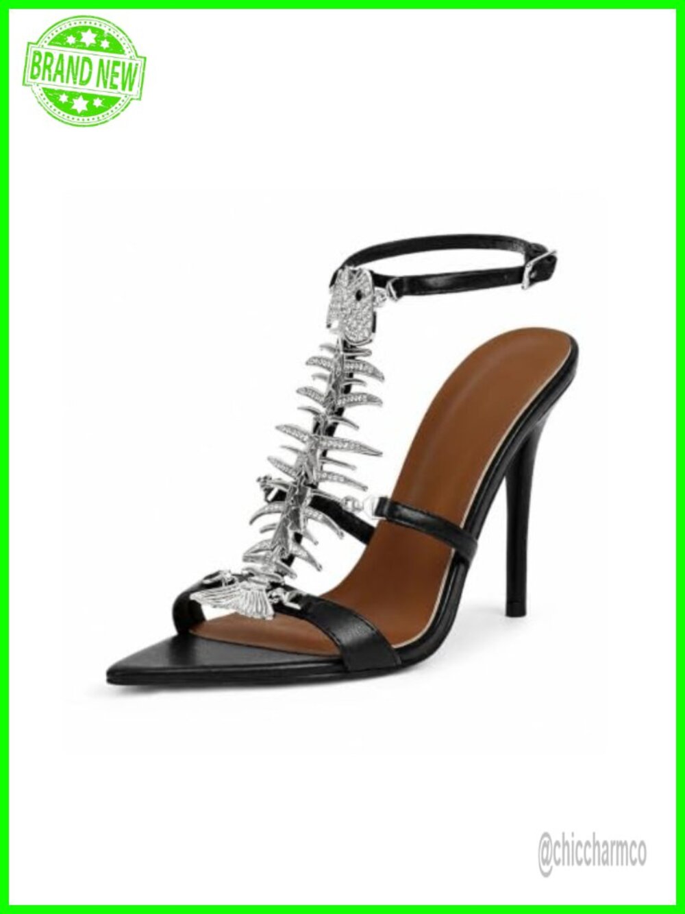 Stiletto Rhinestone Fishbone Strap Pointed Toe Open Heeled Sandals Gladiator
